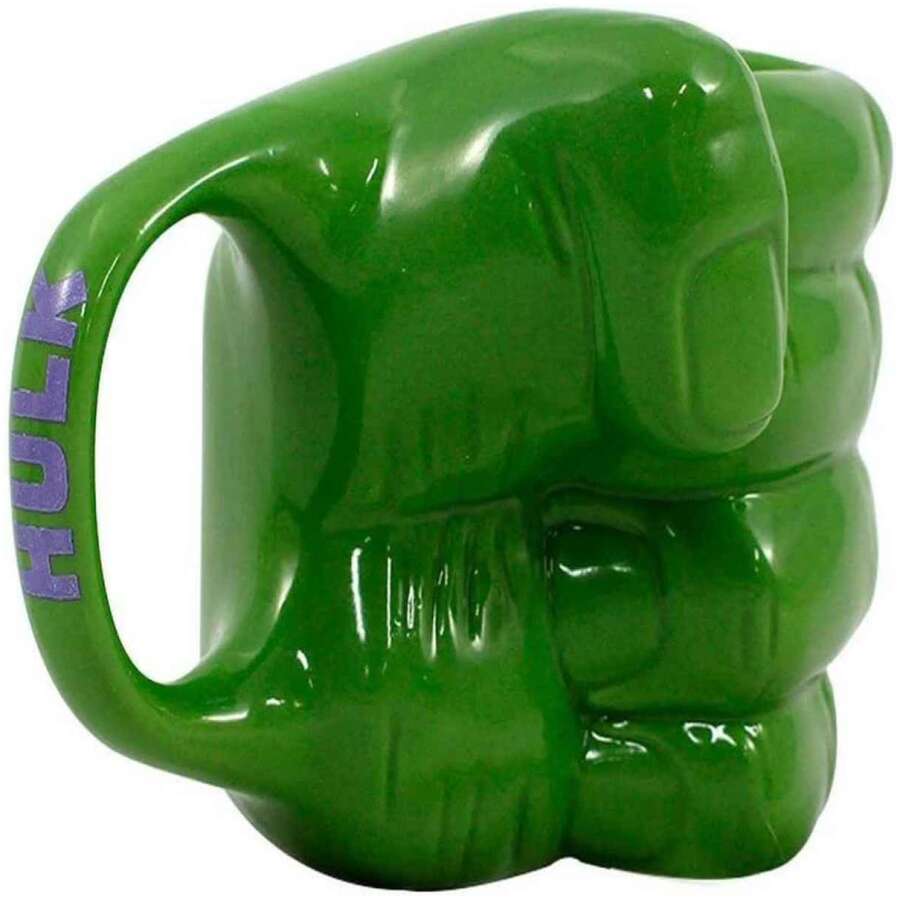 caneca em porcelana formato da mão do hulk marvel