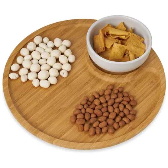 Prato Bandeja Bambu Redonda Cozinha Petisqueira Tábua 32cm Cor Natural Food Tray